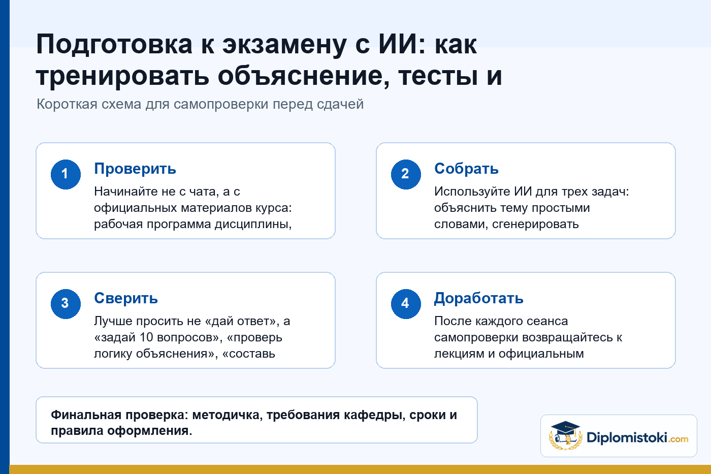 Инфографика Diplomistoki по теме: Подготовка к экзамену с ИИ: как тренировать объяснение, тесты и слабые места без списывания