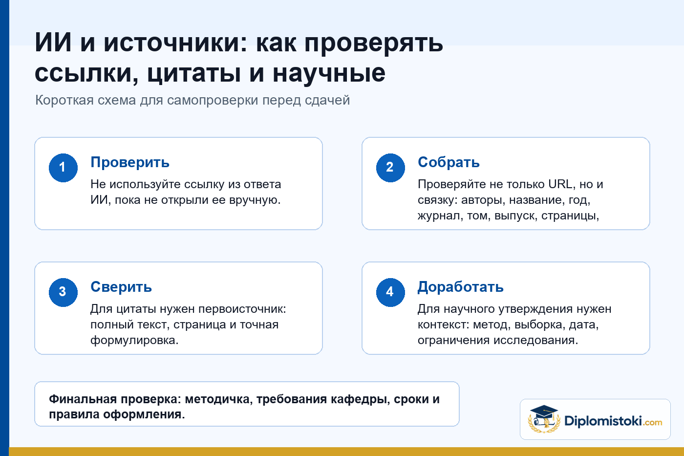Инфографика Diplomistoki по теме: ИИ и источники: как проверять ссылки, цитаты и научные утверждения после ответа нейросети