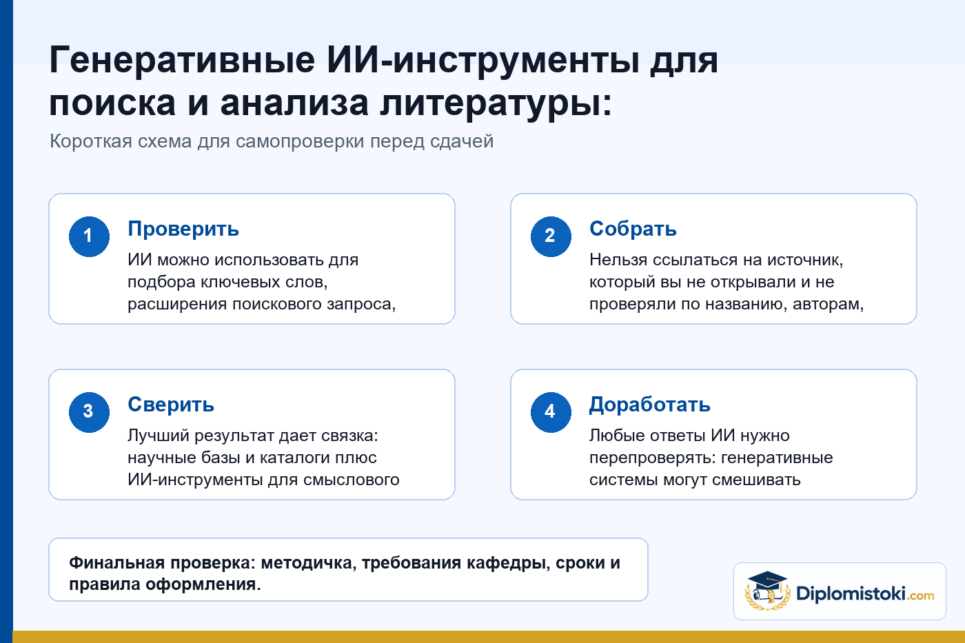 Инфографика Diplomistoki по теме: Генеративные ИИ-инструменты для поиска и анализа литературы: какие бывают, как использовать