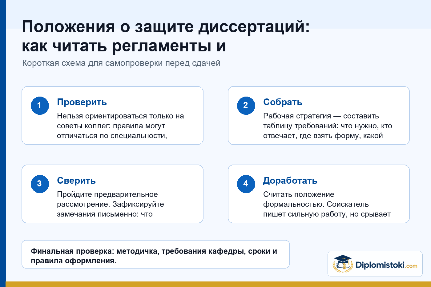 Инфографика Diplomistoki по теме: Положения о защите диссертаций: как читать регламенты и готовиться к защите