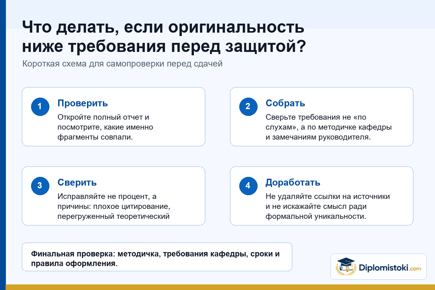 Инфографика Diplomistoki по теме: Что делать, если оригинальность ниже требования перед защитой?