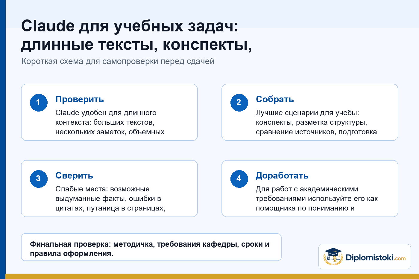 Инфографика Diplomistoki по теме: Claude для учебных задач: длинные тексты, конспекты, ограничения и проверка источников