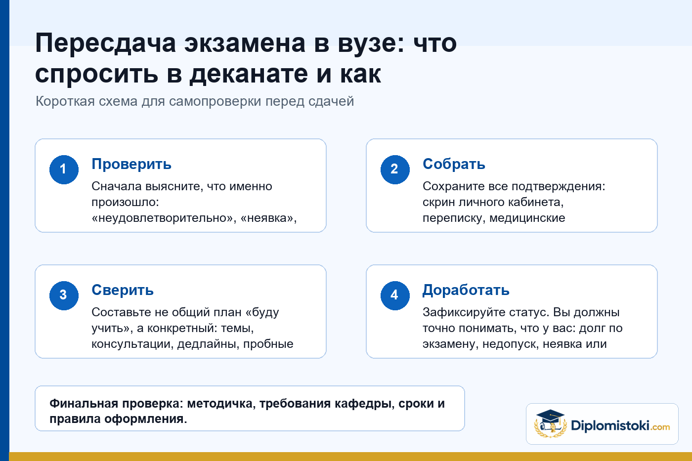 Инфографика Diplomistoki по теме: Пересдача экзамена в вузе: что спросить в деканате и как подготовить план исправления