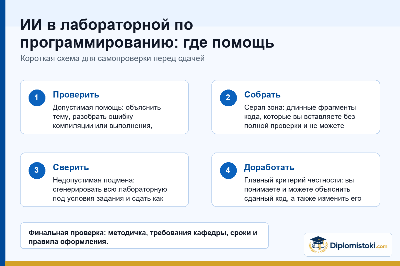 Инфографика Diplomistoki по теме: ИИ в лабораторной по программированию: где помощь допустима, а где начинается подмена работы