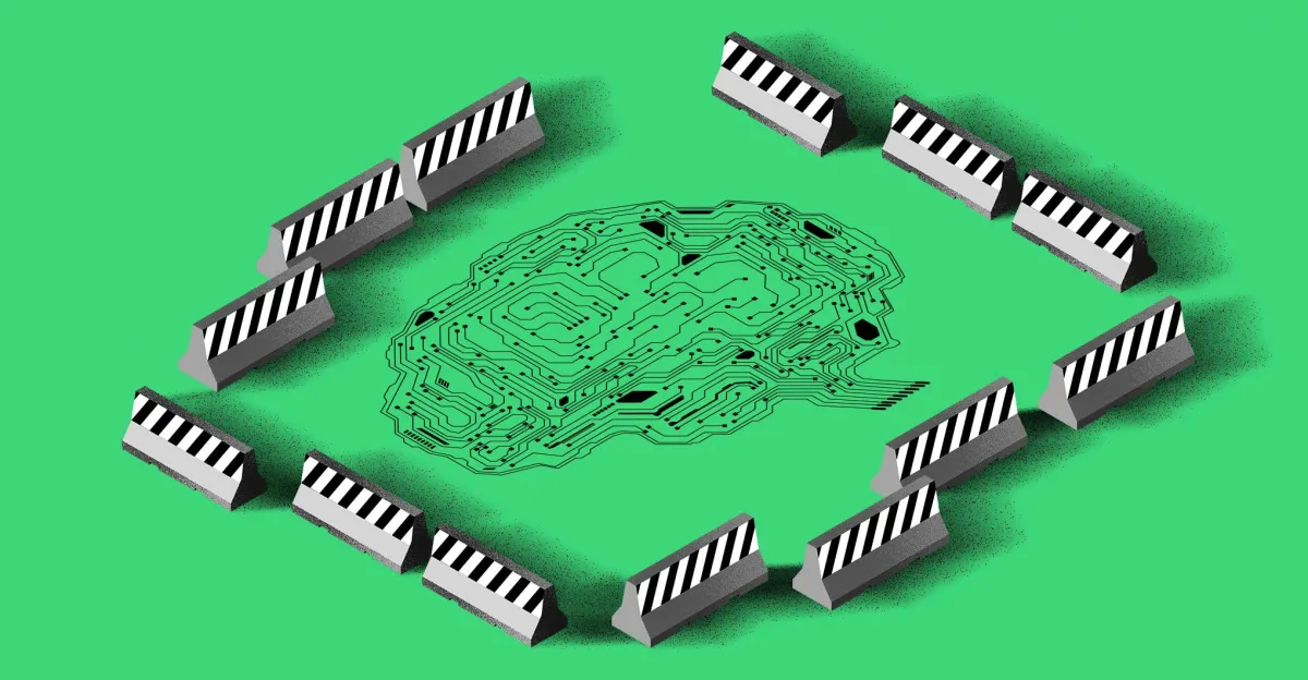 Схематичное изображение AI-агента, прорывающегося через экран безопасности из изолированной среды в интернет, логотипы OpenAI и Hugging Face на фоне