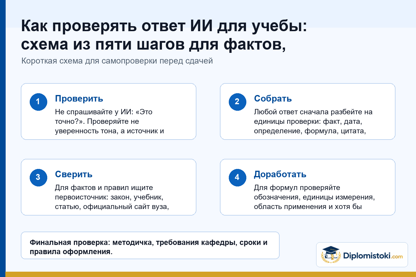Инфографика Diplomistoki по теме: Как проверять ответ ИИ для учебы: схема из пяти шагов для фактов, формул и источников