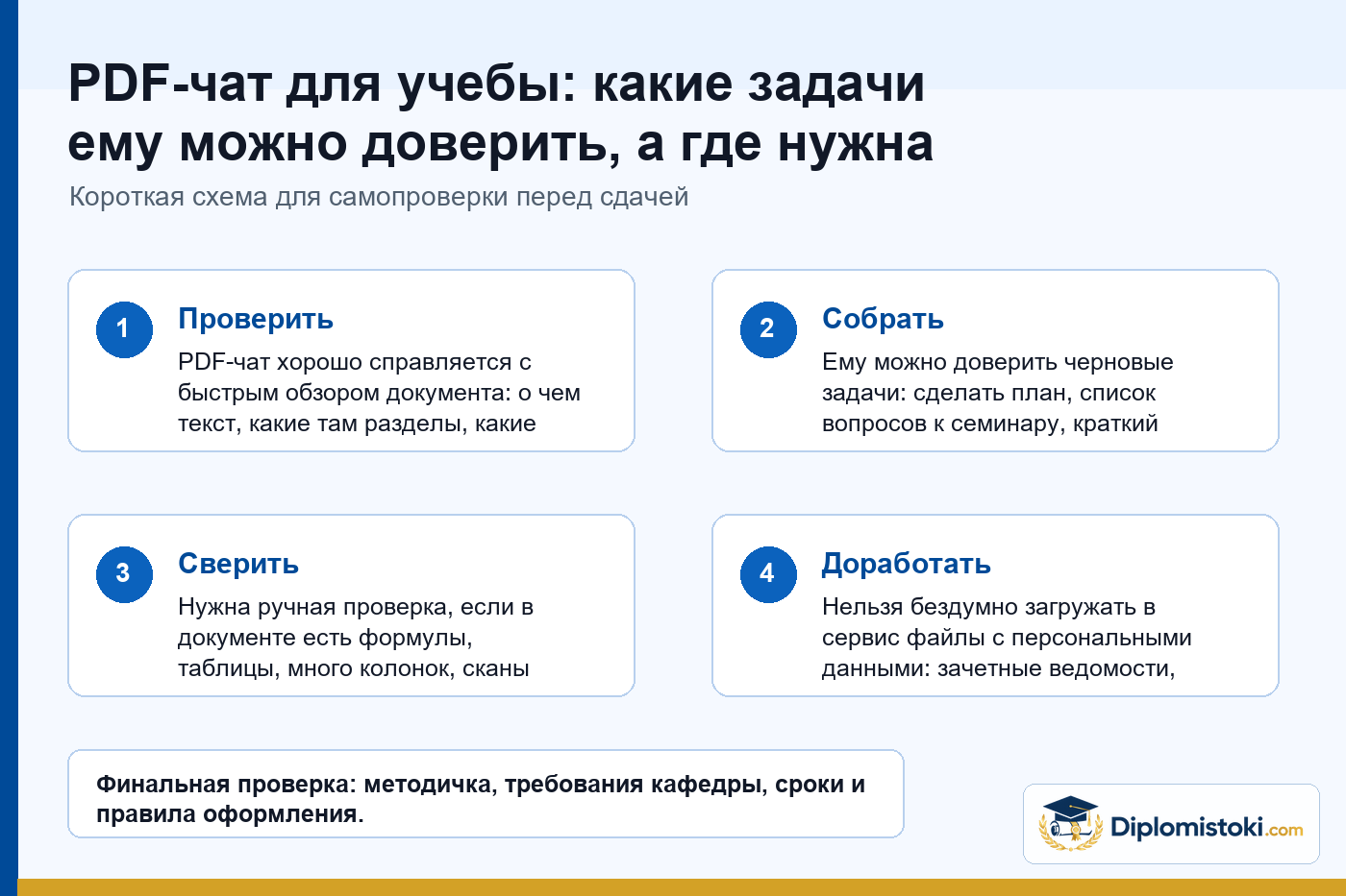 Инфографика Diplomistoki по теме: PDF-чат для учебы: какие задачи ему можно доверить, а где нужна ручная проверка